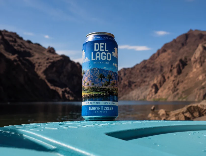 Del Lago can by the lake, with canyon walls beyond