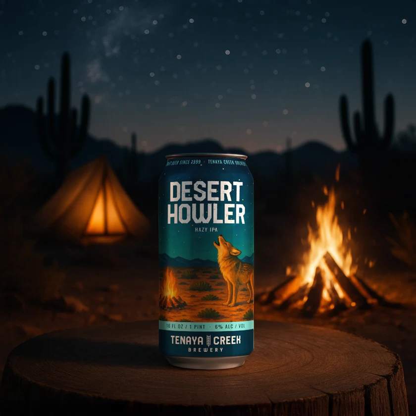 Desert Howler can on a stump by a desert campfire under the stars