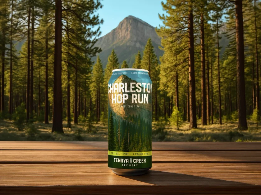 Charleston Hop Run can with Mount Charleston pines behind it
