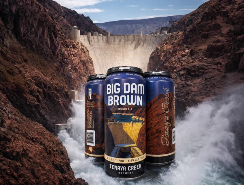 Big Dam Brown cans in front of Hoover Dam